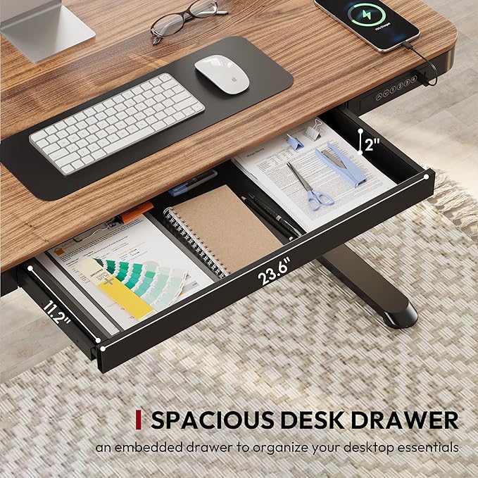 SANODESK Standing Desk with Drawer, Electric Height Adjustable Home Office Desk with Storage & USB Ports, 48 inch Black Walnut Wood Tabletop/Black Frame