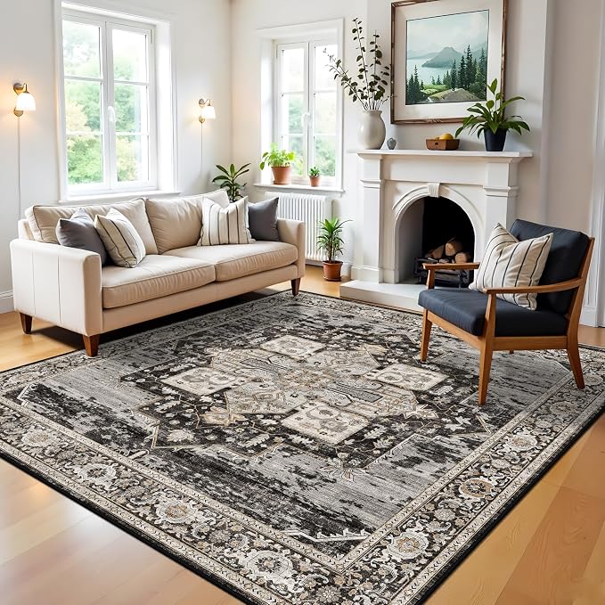 RUUGME Dining Room Rugs for Under Table - Washable Living Room Area Rug Stain Resistant Carpet Vintage Lightweight Ultra-Thin Rugs for Bedroom Kitchen with Non Slip Backing Home Decor 6x6 Black