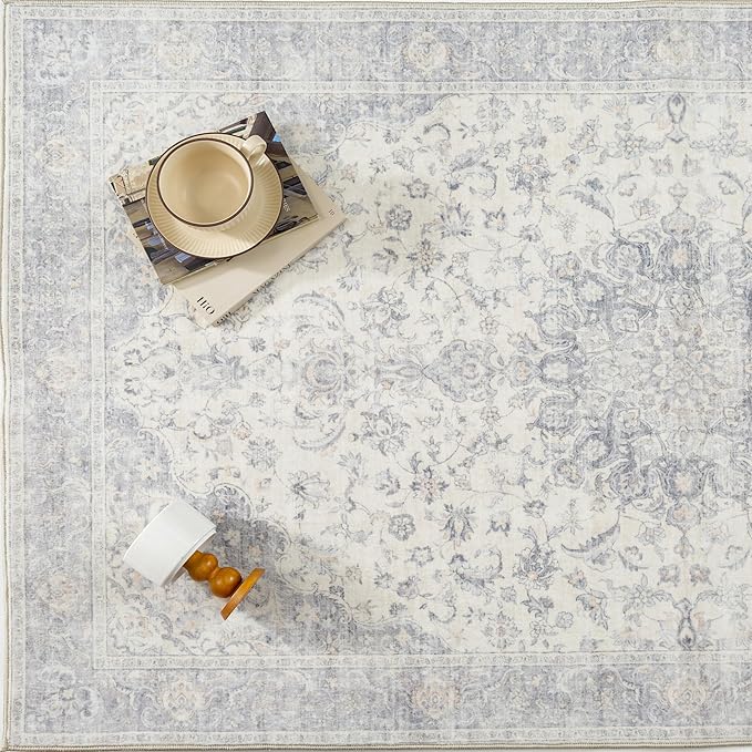 PureCozy 9x12 Area Rug Washable Neutral Gray Blue Vintage Living Room Bedroom Carpet Non Slip Low Pile Soft Floral Indoor Large Grey Throw Rug for Dining Room