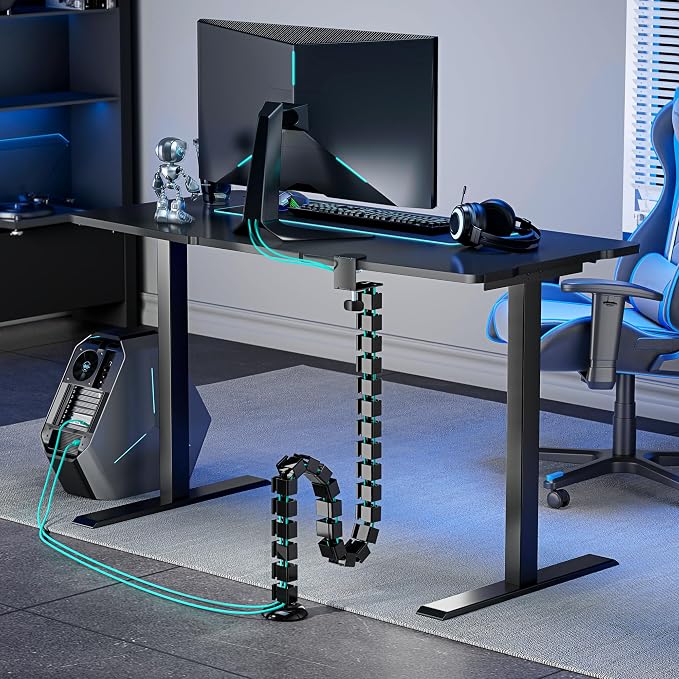 PEGZONE Under Desk Cable Management Spine – Flexible Cable Snake Organizer for Standing Desk, No Drill Clamp-on Vertebrae Wire Management for 0.4"-2" Table, Black