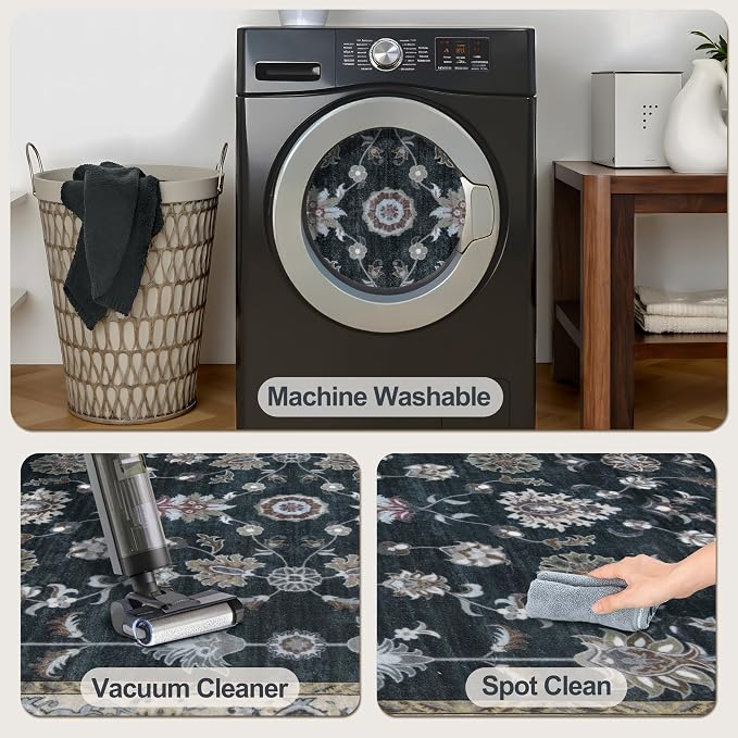 Tangsoo Black 2.6x10 Washable Runner Rug for Hallways, Floral Vintage Runner Rug Non Slip, Oriental Soft Low Pile Long Rug Runner, Black Carpet Runners for Kitchen Bedroom Entryway Living Room