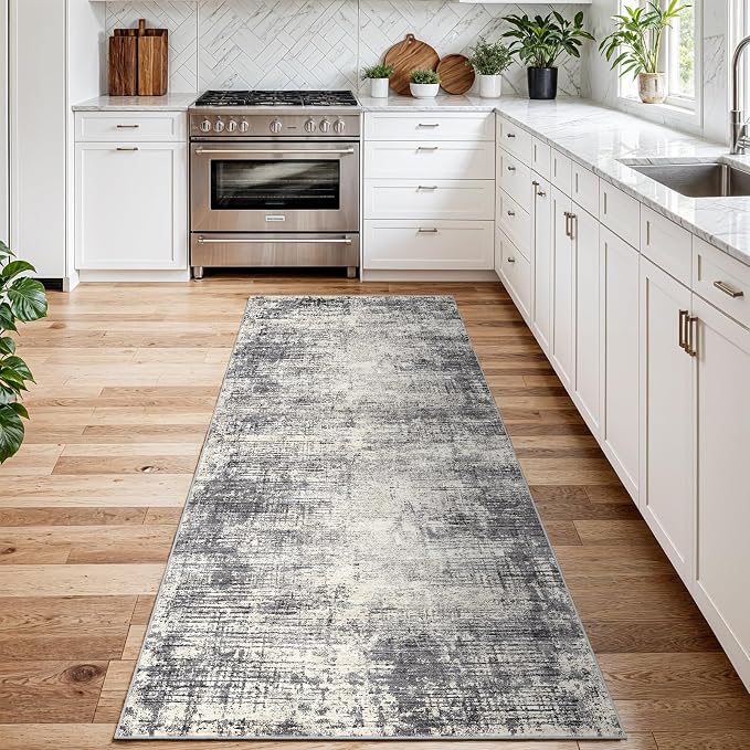 3x8 Hallway Washable Runner Rug - Non-Slip Kitchen Rugs with Rubber Backing Abstract Neutral Low-Pile Carpet Runners for Laundry Room Home Decor Bedroom Bathroom Entryway (Gray Beige,3x8)