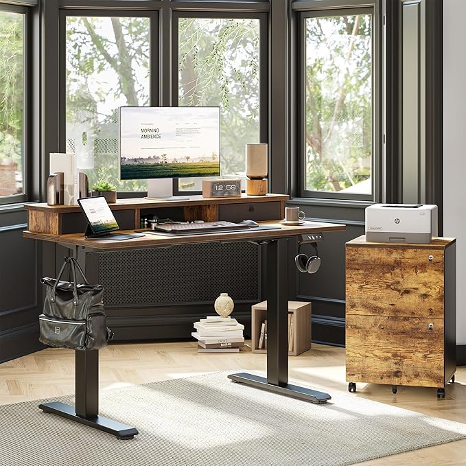 TIQLAB Standing Desk with Two Drawers, Stand Up Standing Desk Adjustable Height, Electric Sit Stand Table with Storage Shelf and Splice Board, 55 * 24 inch, Rustic Brown