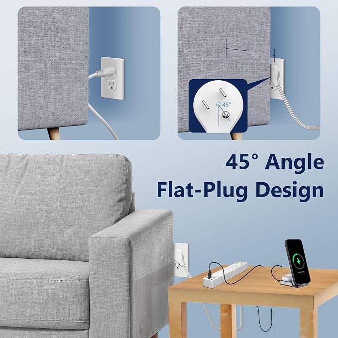 LIDER Outlet Extender with 4 Receptacles, USB-A & 2 USB-C, Ultra-Thin Flat-Plug, 4-Outlet Power Strip, Surge Protector 1500 Joules, 5ft Cord, 1250W, ETL Listed, Matte White, 2-Pack