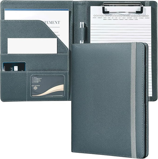 Mymazn Junior Padfolio Portfolio Folder, Small A5 Clipboard with Cover for 5'' x 8'' Writing Pad Notepad Holder for Business Office Men Women (Grey Green)