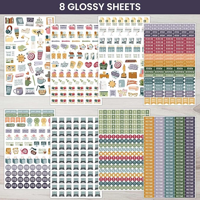bloom daily planners Workday Essentials Planner Stickers - Productivity Variety Pack for Business Professionals - 8 Sheets / 802 Stickers - Meetings, Deadlines, Payday Icons for Work & Office