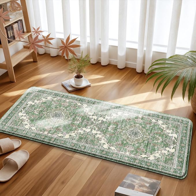 Boho Kitchen Mats for Floor 2 Piece Set Anti Fatigue Cushioned PVC Kitchen Rugs Non Slip Waterproof Farmhouse Mats 2/5 Inch Comfort Standing Mat for Sink, Laundry, 17.3"x47"+17.3"x28", Spring Green