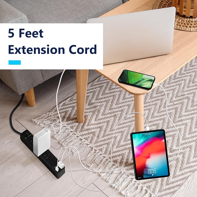 LIDER PD 36W Surge Protected Outlet Extender, 4-Outlet Power Strip, USB-A & USB-C, 5ft, Up to 1500J, LED Indicator, ON/Off Switch, Flat-Plug, 45-Degree Angle, 1250W, ETL Listed, Matte Black