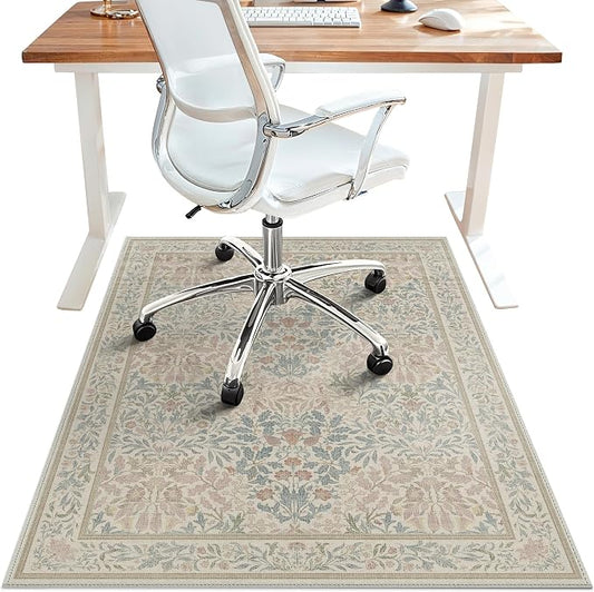 36"x60" Office Chair Mat for Hardwood Tile Floor, Under Desk Carpet Protector for Rolling Computer Chair Mat, Machine Washable Area Rug, Anti-Slip 1/5" Thick Low Pile Thin Vinyl Floor Mat, Beige Pink