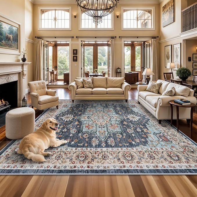 TOPRUUG Washable Oriental Area Rug - 12x12 Rugs for Living Room Soft Carpet for Bedroom Waterproof Floral Distressed Indoor Stain Resistant Non-Shedding Floor Carpets (Blue/Teal/Orange, 12x12)