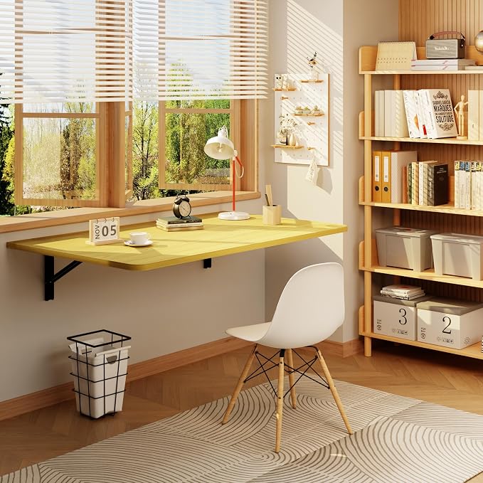 Floating Foldable Desk,Wall Mounted - Folding Computer Table with Engineered Wood,Study Table with Shelf Brackets,Fold Down Shelf,Fold Computer Desk for Small Spaces,Holds 300 lb,36" x 22" Natural