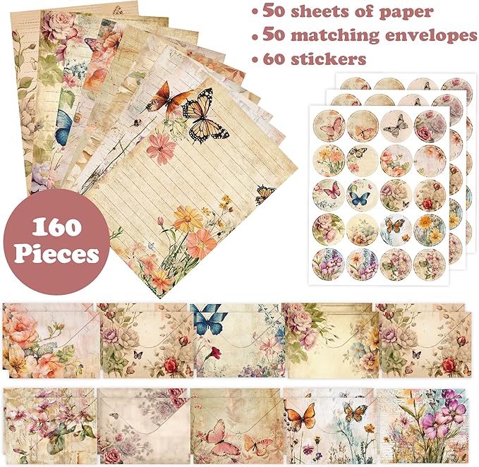 Stationery Paper Envelopes Set 160 Pcs - 50 Lined Writing Paper, 50 Envelopes, 60 Dot Stickers, Vintage/Floral/Leaf/Watercolor Multi-Style Options (STATIONERY-160PCS-VINTAGE)