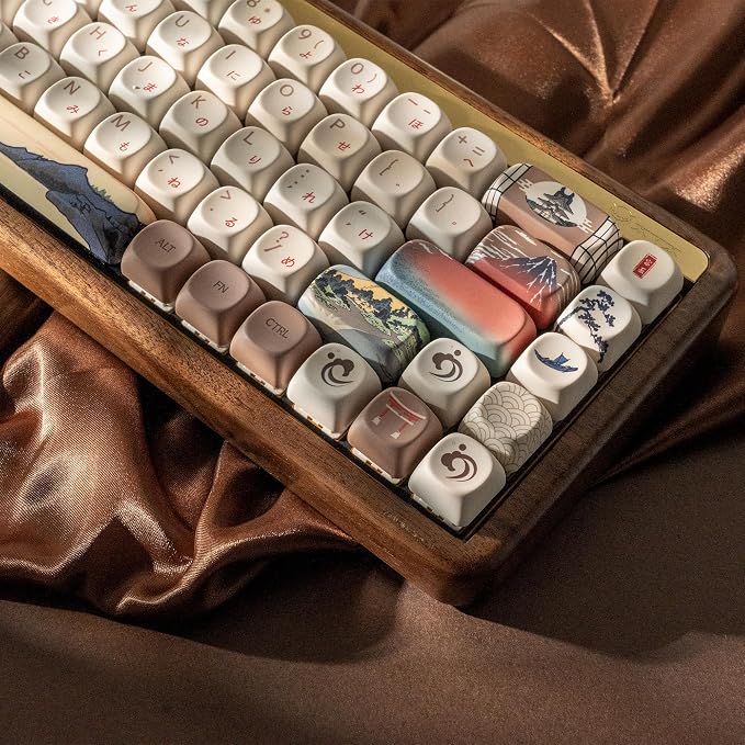 OHY XVX MOA Profile Japanese Fuji Mountain Theme PBT Keycaps Set, 140-Key Coffee & Cream Custom Keycaps for US Layout Mechanical Keyboards (Brown/Beige Design with Key Puller)