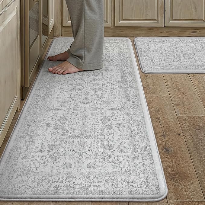 Kitchen Mats 2PCS Anti Fatigue Cushioned Mat Gray Vintage Kitchen Mats for Floor Waterproof Non Slip Comfort Standing Grey Retro Floral Rug for Sink Laundry Office 17.3"x47"+17.3"x30"