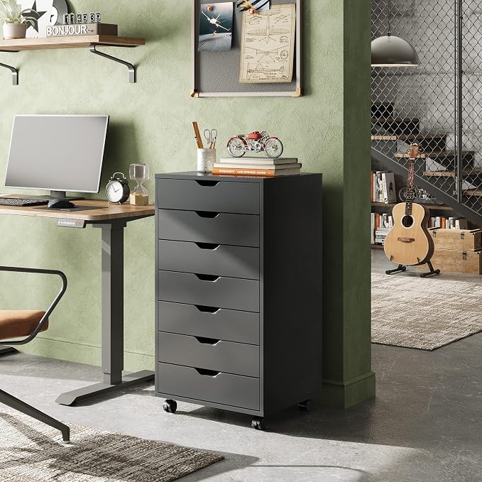 DEVAISE 7-Drawer Office File Cabinets, Mobile Craft Storage Cabinet, Black | Wood Drawer Unit, Storage Cabinet, Rolling Cart, Printer Stand, Filing Cabinet with Drawers