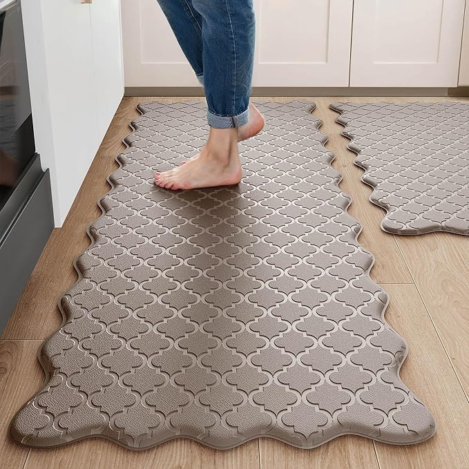 Upgrade Scalloped Embossed Kitchen Mats for Floor 2PCS Cushioned Anti Fatigue Waterproof Foam Kitchen Rugs Non Slip Washable Comfort Standing Mat for Sink Laundry, 17.3"x30"+17.3"x47", Khahi
