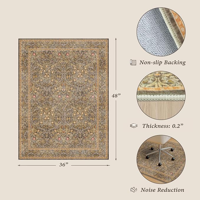 Vintage Brown Office Rugs for Rolling Chairs, 36"x48" Home Office Rug for Computer Gaming Chair, Low Pile, Slip-Resistant and Ultra Soft Area Rug for Protecting Floors, Boho Taupe Floral Design
