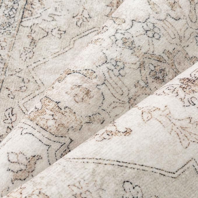 PureCozy Beige Runner Rug 2'6"x8' Washable Vintage Carpet Hallway Kitchen Soft Retro Low Pile Thin Indoor Bedroom Non Slip Oriental Medallion Long Throw Rug for Bathroom Laundry Dining Room