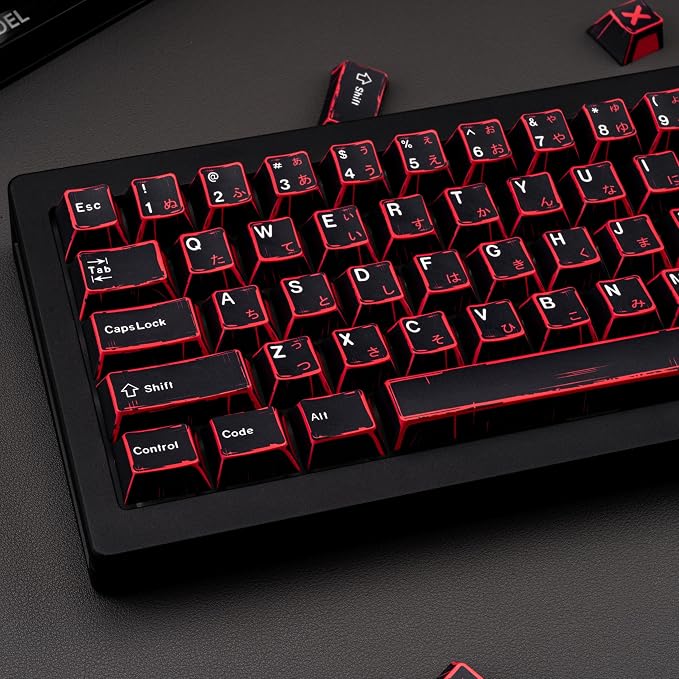Japanese Manga Keycaps 130 Keys, Custom PBT Black and Red Keycaps, Cherry Profile Dye Sub Keycap Set Fit for 61/64/87/104/108 Cherry MX Switches Mechanical Keyboard