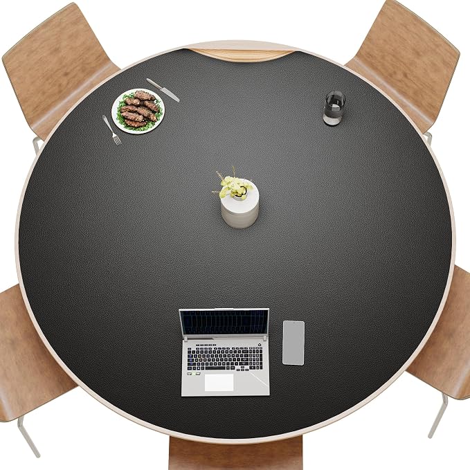MAIDERN 54 Inch Round Cork & Leather Table Pad Protector, Cuttable Size (48-54 Inch), Trimmable Dining Table Mat, Heat Resistant/Non-Slip Table Cover for Kitchen, Office, or Restauran (Black)