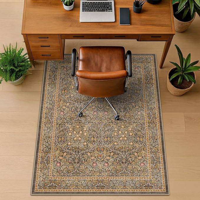 Vintage Gold Brown Office Chair Mat for Hard Wood & Tile Floors, 48x60 Non-Slip Ultra Soft Low Pile Under Desk Rug, Floor Protector for Heavy Duty Office Chair, Machine Washable, Taupe