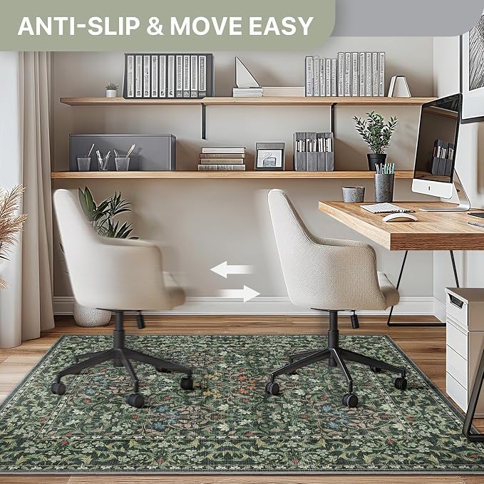 48"x72" Office Chair Mat for Hardwood Tile Floor, Under Desk Carpet Protector for Rolling Computer Chair Mat, Machine Washable Area Rug, Anti-Slip 1/5" Thick Low Pile Thin Vinyl Floor Mat, Moss Green