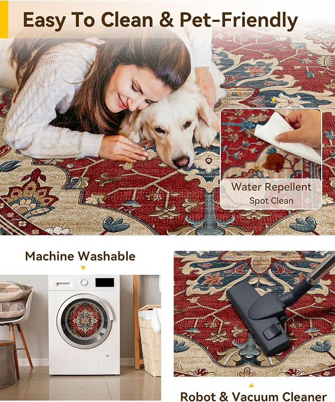 RELEANY Area Rugs Round 5ft Washable Non-Slip, Floral Vintage Distress Medallion Carpet for Living Room Bedroom Dining Room, Red Blue
