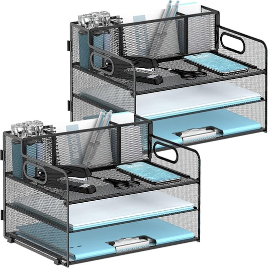 2 Pack 3-Tier Paper Letter Tray Organizer with Pen Holder, Mesh Desk Accessories & Workspace Organizers with Handle, File Sorter Office Supplies for Desk, Black