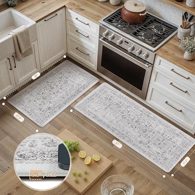 Kitchen Mats 2PCS Anti Fatigue Cushioned Mat Black Vintage Kitchen Mats for Floor Waterproof Non Slip Comfort Standing Retro Floral Rug for Sink Laundry Office 17.3"x47"+17.3"x30"