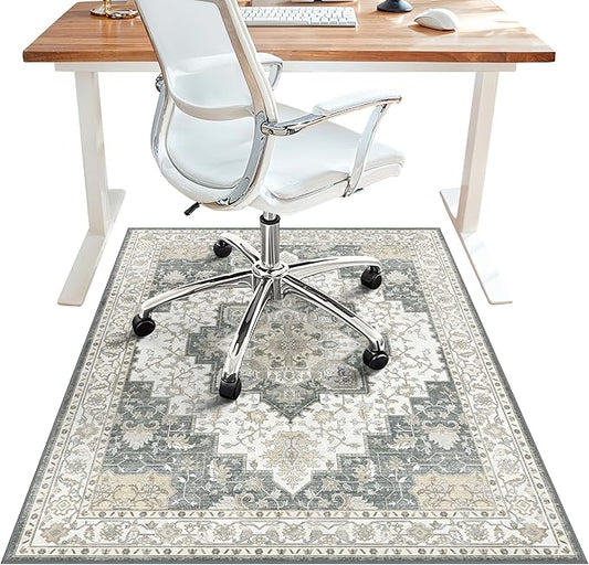 36"x60" Office Chair Mat for Hardwood Tile Floor, Under Desk Carpet Protector for Rolling Computer Chair Mat, Machine Washable Area Rug, Anti-Slip 1/5" Thick Low Pile Thin Vinyl Floor Mat, Grey