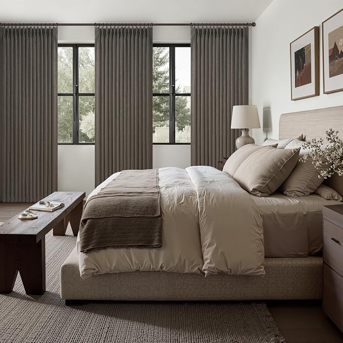 Extra Long 108 Inch Blackout Living Room Curtains 2 Panels Set, Memory Trained Pinch Pleated Chocolate Tart Two Layer Thick Natural Linen Thermal Sound Dampening Country Ceiling Windows Drapes Burlap