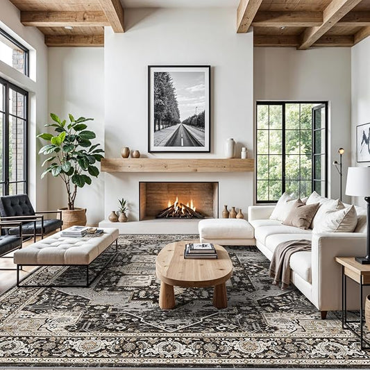 Living Room 12x12 Area Rug - Large Washable Area Rugs with Non Slip Backing Stain Resistant Carpet Indoor Soft Carpets Distressed Decoration Mat for Bedroom Dining Room 12x12 Black