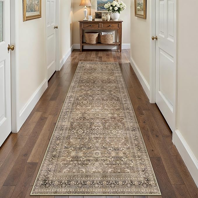 HUGEAR 2x8 Runner Rug Hallway Vintage Brown Machine Washable Retro Floral Low Pile Carpet Vacuumable Distressed Long Throw Rug Bedroom Office Bathroom Kitchen Laundry Non Slip Soft Lightweight