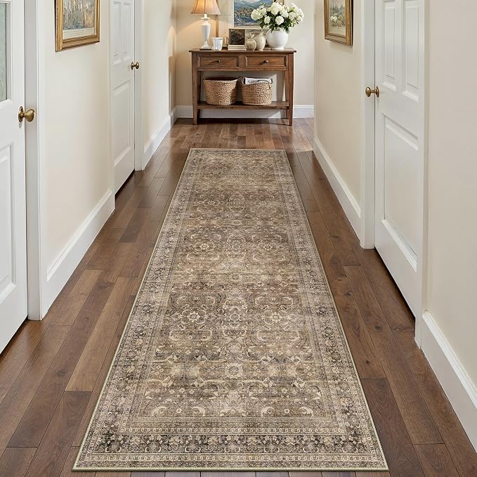 HUGEAR 2x10 Runner Rug Hallway Vintage Brown Machine Washable Retro Floral Low Pile Carpet Vacuumable Distressed Long Throw Rug Bedroom Office Bathroom Kitchen Laundry Non Slip Soft Lightweight