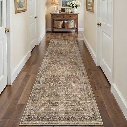 HUGEAR 2x12 Runner Rug Hallway Vintage Brown Machine Washable Retro Floral Low Pile Carpet Vacuumable Distressed Long Throw Rug Bedroom Office Bathroom Kitchen Laundry Non Slip Soft Lightweight