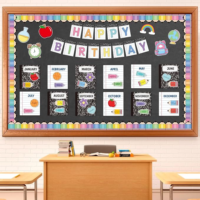 TICIAGA Composition Notebook Birthday Bulletin Board - 76PCS Happy Birthday Notebook Cutout for Classroom Teacher Supplies, Back to School Colorful Pencil Name Tag Border Calendar Decor for Preschool