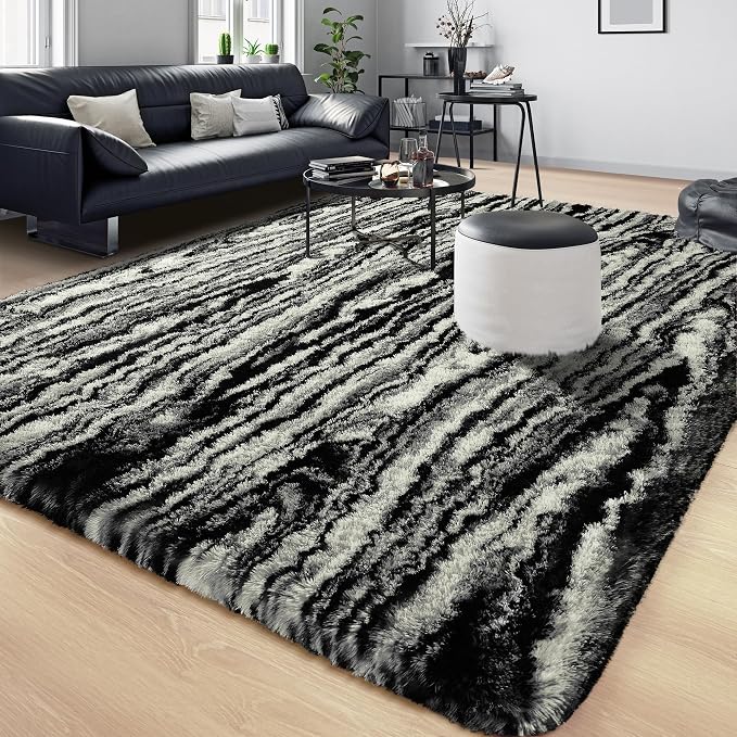 Tepook Fluffy Large Rugs for Living Room, 8x10 Area Rugs for Bedroom, Modern Shag Fuzzy Carpets for Kids Boys Girls, Plush Indoor Nursery Home Decor Rug with Non-Slip Bottom, Black White