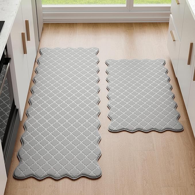 Upgrade Scalloped Embossed Kitchen Mats for Floor 2PCS Cushioned Anti Fatigue Waterproof Foam Kitchen Rugs Non Slip Washable Comfort Standing Mat for Office Sink Laundry, Gray
