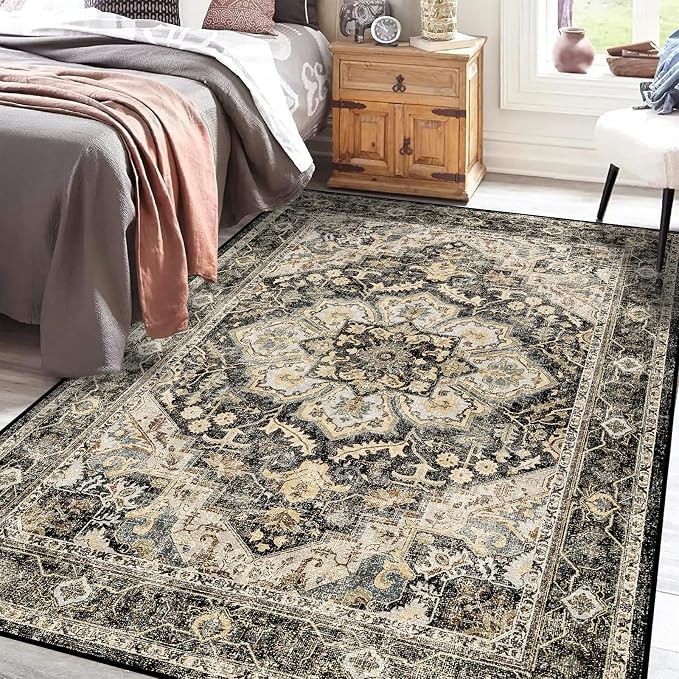 TOPRUUG Washable Oriental Area Rug - 5x8 Rugs for Living Room Soft Carpet for Bedroom Waterproof Floral Distressed Indoor Stain Resistant Non-Shedding Floor Carpets (Black/Grey, 5x8)