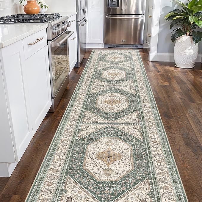 2x10 Runner Rug for Hallway Washable: Non Slip Kitchen Rugs with Rubber Backing Soft Waterproof Wide Mats Stain Resistant Low Pile Carpet for Entryway Bedroom Bathroom Laundry Home Decor Green/Beige