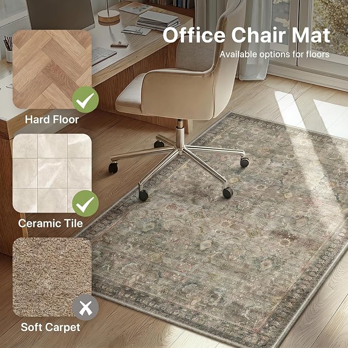 36"x48" Office Chair Mat for Hardwood Tile Floor, Under Desk Carpet Protector for Rolling Computer Chair Mat, Machine Washable Area Rug, Anti-Slip 1/5" Thick Low Pile Thin Vinyl Floor Mat, Grey Red