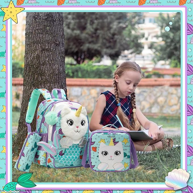 Meetbelify Cute Mermaid Kids Backpacks for Girls School Backpack with Lunch Bag Pencil Case for Elementary Student 3D Carton Plush Kids Travel School Bag for Girls Ages 6-8 Years Old