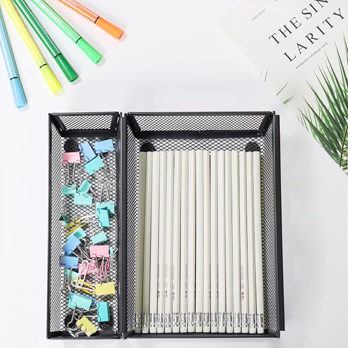 Mesh Tray Silverware Drawer Organizer, Utensil Cutlery Tray Office Supplies with Interlocking Arm Drawer Dividers Organizer for Flatware, Knives,Home,Office, School,Bedroom 9X6＂Black