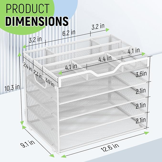 Docnest 5 Tier Mesh Desk Organizer- Letter Tray with Adjustable Compartments, Mesh Desktop Storage Built in Pen Holder and Handles, Desk Organizer Tray for Mail Documents Office Supplies–White