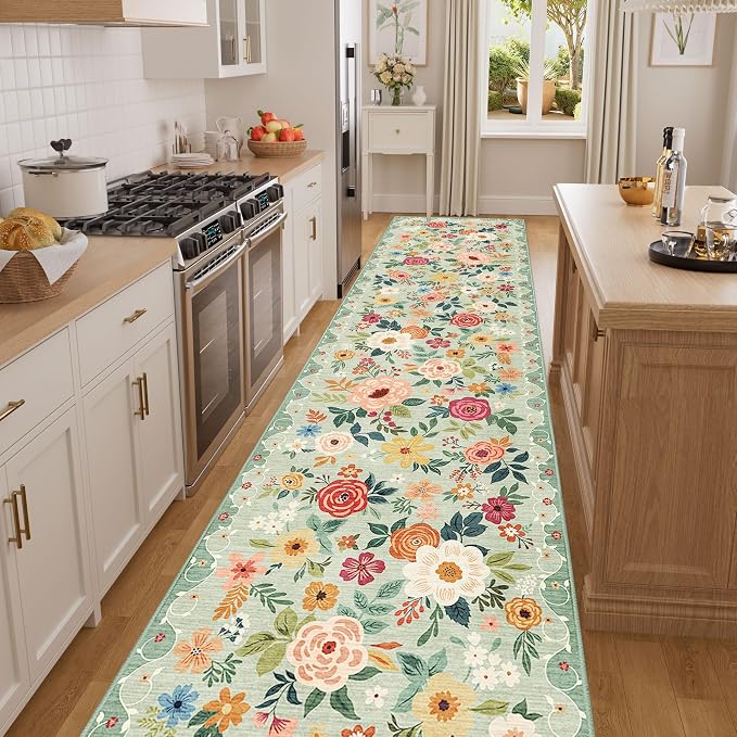DUKINO 3x12 Washable Runner Rug, Non Slip Soft Floral Hallway Runner Rug with Non Shedding Design, Low Pile Long Floor Carpet for Kitchen, Hallway, Bathroom, Entryway, Laundry, Green