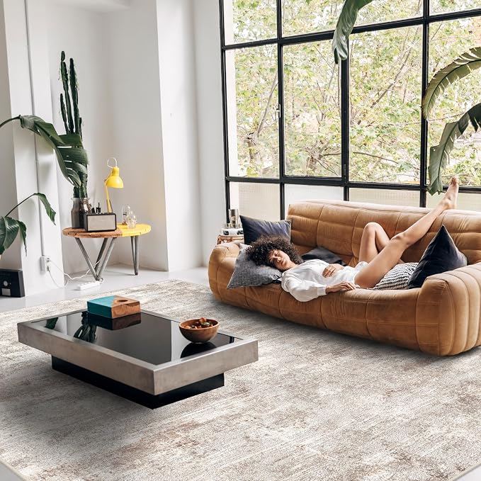 RUUGME 9X12 Abstract Area Rug:Large Washable Living Room Rug Non Slip Low Pile Carpet for Bedroom Soft Foldable Stain Resistant Distressed Thin Rug for Dining Room Kitchen 9X12 Brick/Brown/Beige