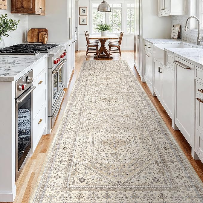 4x12 Runner Rug for Hallway Washable: Non Slip Kitchen Rugs with Rubber Backing Soft Waterproof Wide Mats Stain Resistant Low Pile Carpet for Entryway Bedroom Bathroom Laundry Home Decor Beige/Gray