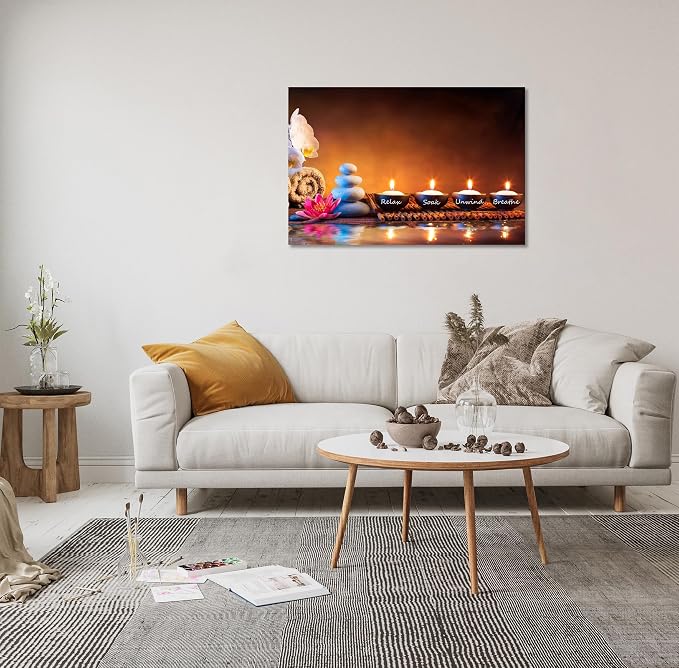 Zen Wall Art Lotus Flower Decor Breathe Canvas Picture Candles Relaxing Peaceful Poster Prints for Zen Spa Room Living Room Bedroom(16.00" x 24.00")