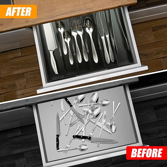 Black Silverware Organizer Kitchen Drawer Organizer Expandable Bamboo Utensil Holder Cutlery Tray for Kitchen Utensil and Flatware Bedroom Office