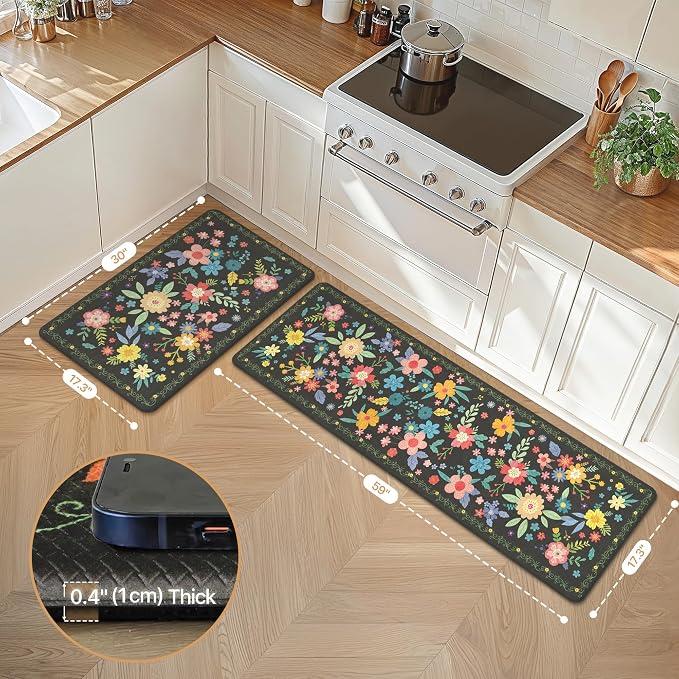 GENIMO Anti Fatigue Kitchen Mats for Floor 2PCS, Cushioned Standing Mats | 17.3"x59"&17.3"x30", Black vintage floral rug set, waterproof, non slip, easy-clean for farmhouse